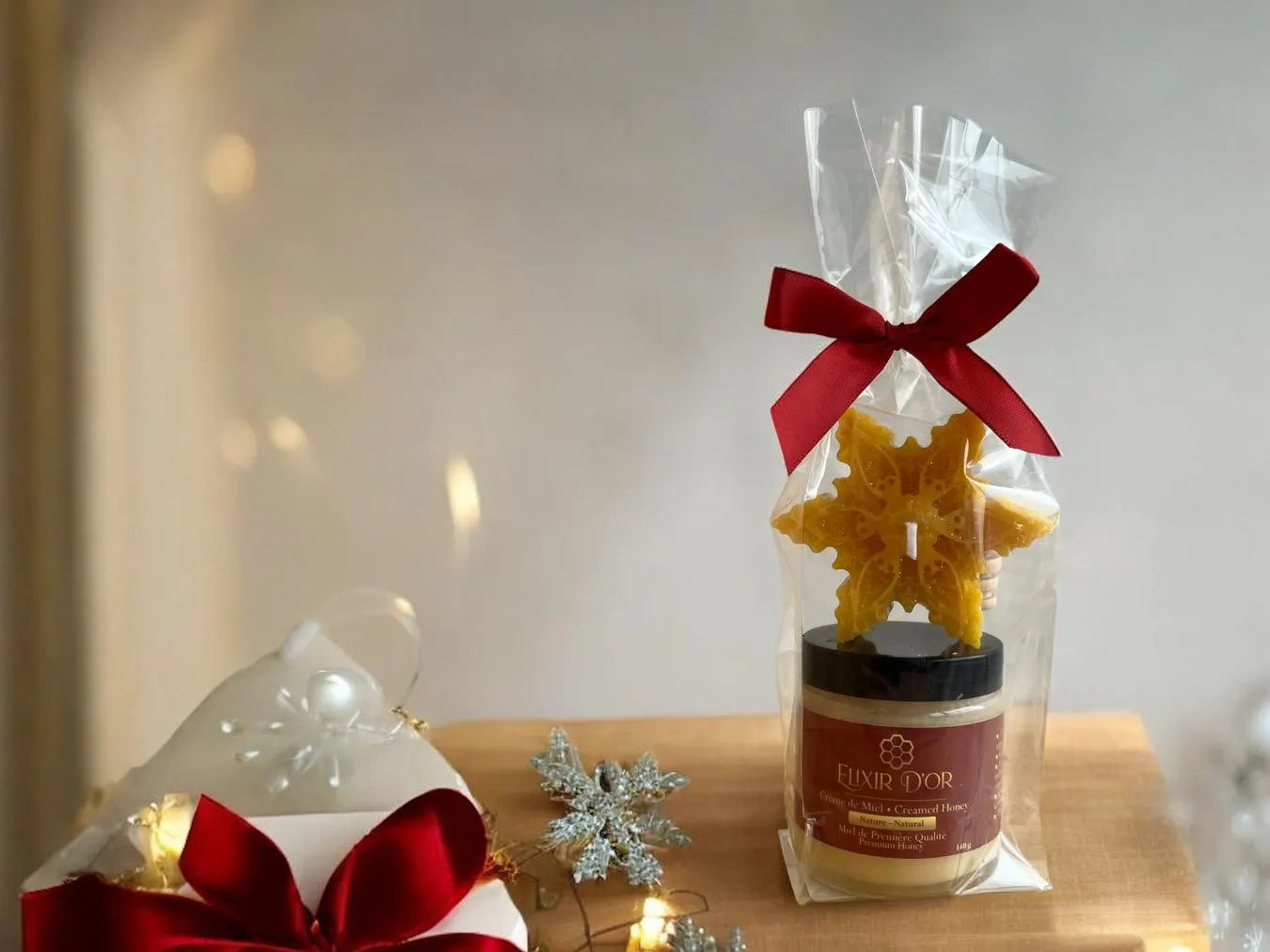 Creamed Honey Gift Packages  - Beeswax Snowflake Candle, Natural/ Infused Honey & Honey Dipper - Local Canadian Honey